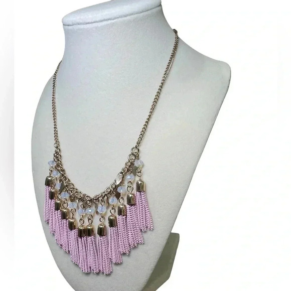 10.5” Pink Crystal Lucite Tassel Chandelier Runway Necklace And Earrings - Picture 5 of 12